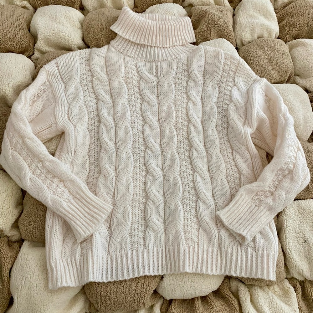 Woven Heart Cream Cowl Neck Sweater